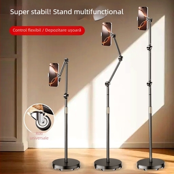 Suport de podea pentru telefon mobil cu sistem cu role pentru streaming live și filmare de sus; universal pentru telefoane și tablete; ABS + metal