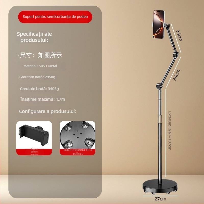 Suport de podea pentru telefon mobil cu sistem cu role pentru streaming live și filmare de sus; universal pentru telefoane și tablete; ABS + metal