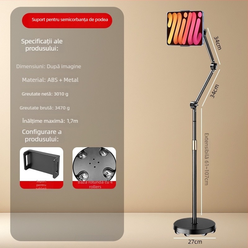 Suport de podea pentru telefon mobil cu sistem cu role pentru streaming live și filmare de sus; universal pentru telefoane și tablete; ABS + metal