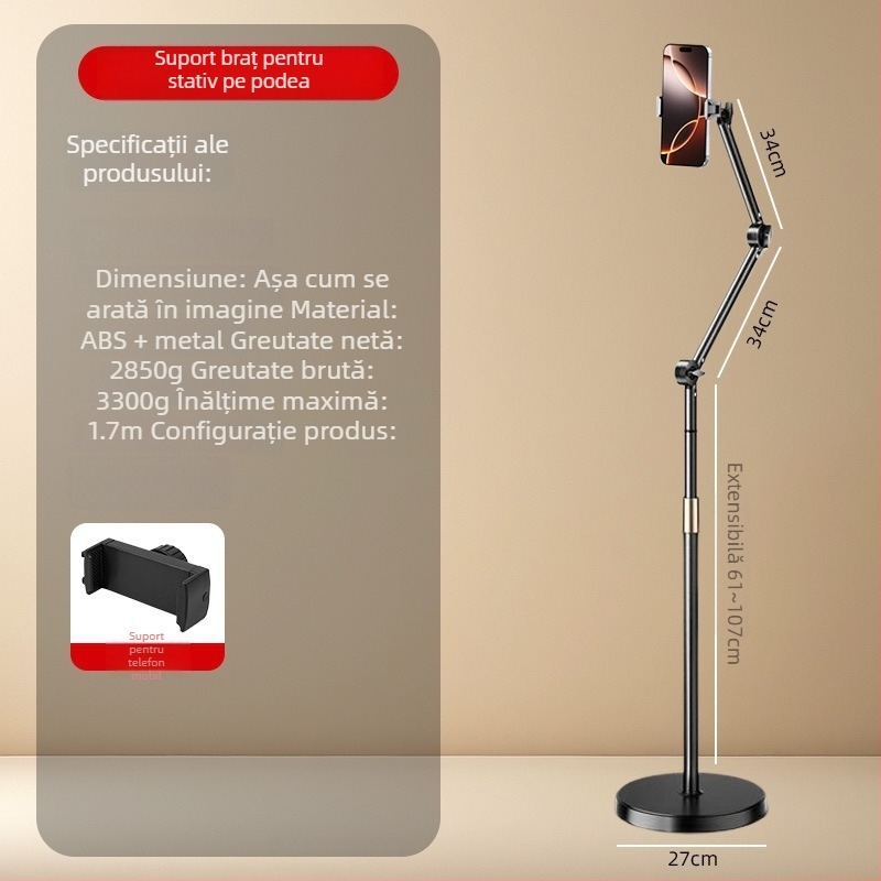 Suport de podea pentru telefon mobil cu sistem cu role pentru streaming live și filmare de sus; universal pentru telefoane și tablete; ABS + metal