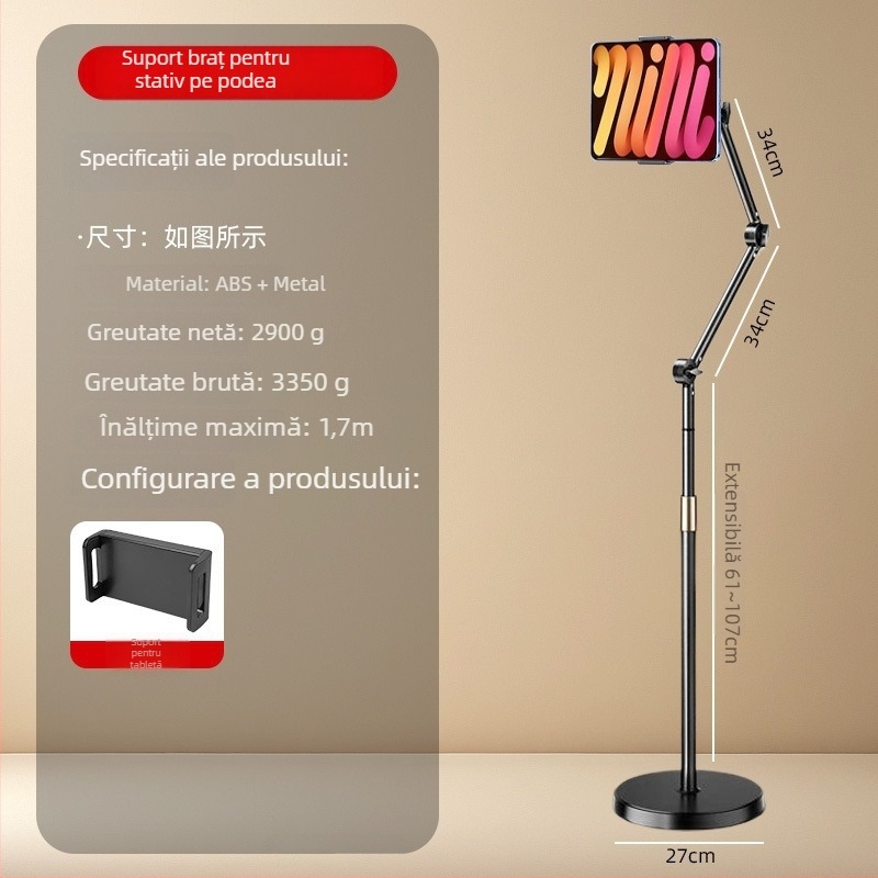 Suport de podea pentru telefon mobil cu sistem cu role pentru streaming live și filmare de sus; universal pentru telefoane și tablete; ABS + metal
