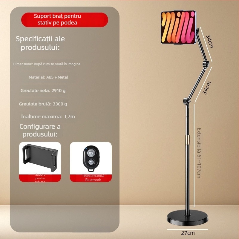 Suport de podea pentru telefon mobil cu sistem cu role pentru streaming live și filmare de sus; universal pentru telefoane și tablete; ABS + metal