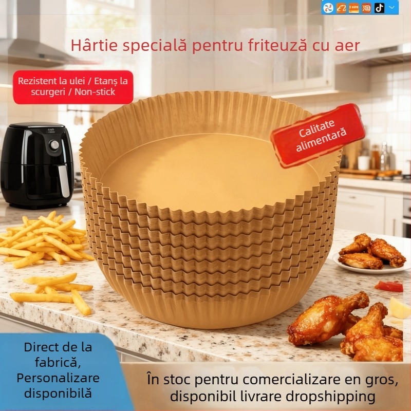 Hârtie de copt pentru friteuză cu aer – marca Binyi; din pulpă de lemn brută; acoperire cu silicon; 36 g/m²; categorie: hârtie de copt