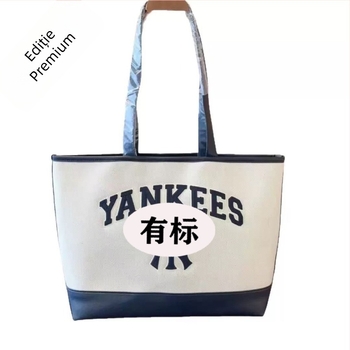 Geantă tote brodată NY, cu curea crossbody, material bumbac-lână, formă orizontal pătrată, închidere magnetică