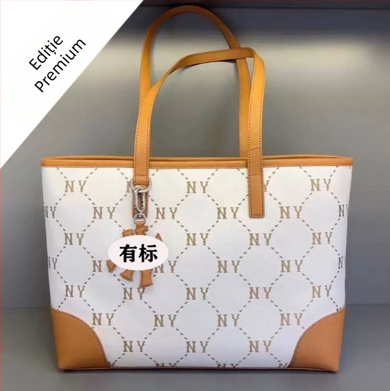 Geantă tote brodată NY, cu curea crossbody, material bumbac-lână, formă orizontal pătrată, închidere magnetică