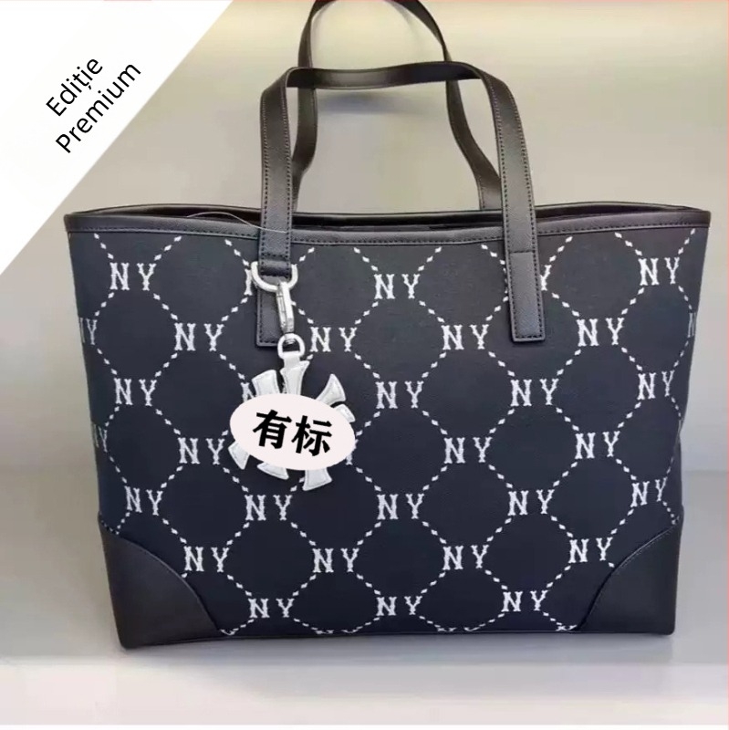 Geantă tote brodată NY, cu curea crossbody, material bumbac-lână, formă orizontal pătrată, închidere magnetică