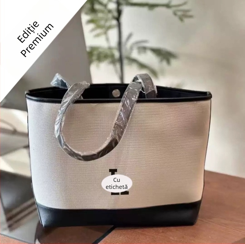 Geantă tote brodată NY, cu curea crossbody, material bumbac-lână, formă orizontal pătrată, închidere magnetică