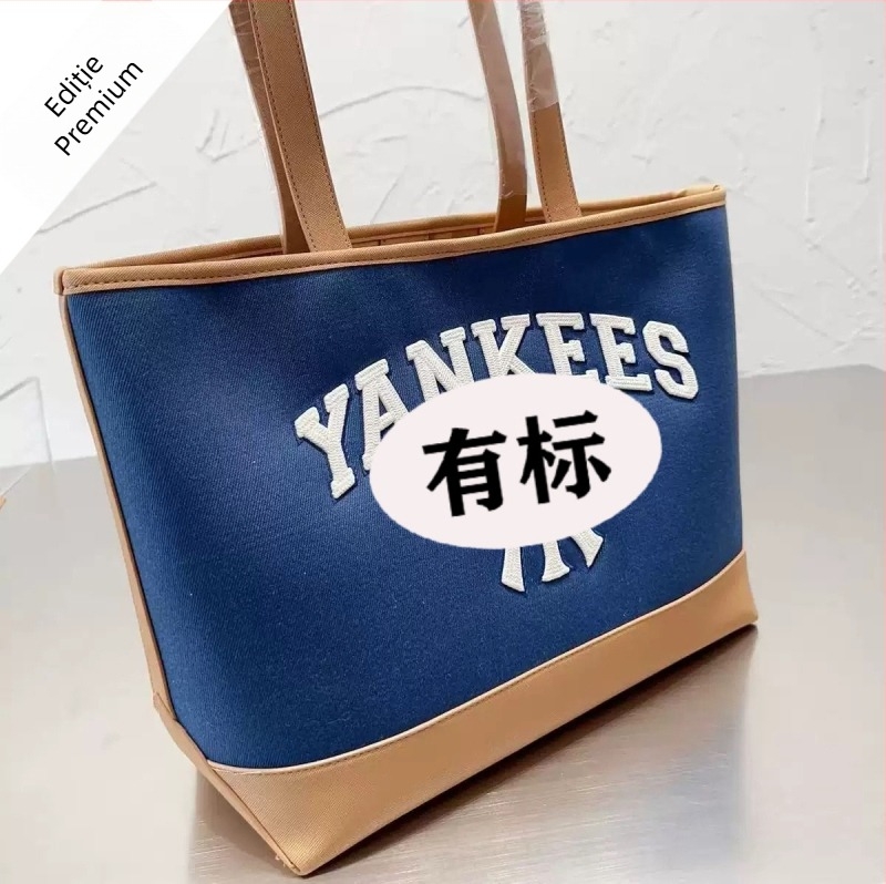 Geantă tote brodată NY, cu curea crossbody, material bumbac-lână, formă orizontal pătrată, închidere magnetică