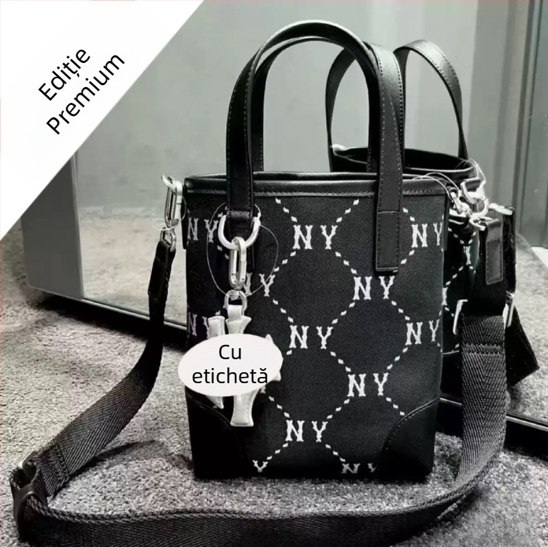 Geantă tote brodată NY, cu curea crossbody, material bumbac-lână, formă orizontal pătrată, închidere magnetică