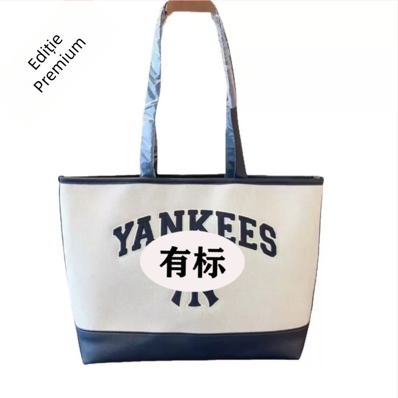 Geantă tote brodată NY, cu curea crossbody, material bumbac-lână, formă orizontal pătrată, închidere magnetică