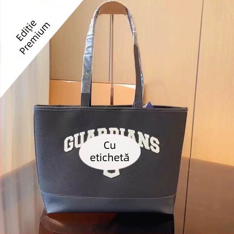 Geantă tote brodată NY, cu curea crossbody, material bumbac-lână, formă orizontal pătrată, închidere magnetică