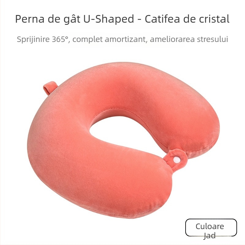 Pernă în formă de U din spumă cu memorie, husă pluș, detașabilă și lavabilă, pentru adulți