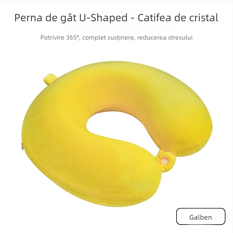 Pernă în formă de U din spumă cu memorie, husă pluș, detașabilă și lavabilă, pentru adulți