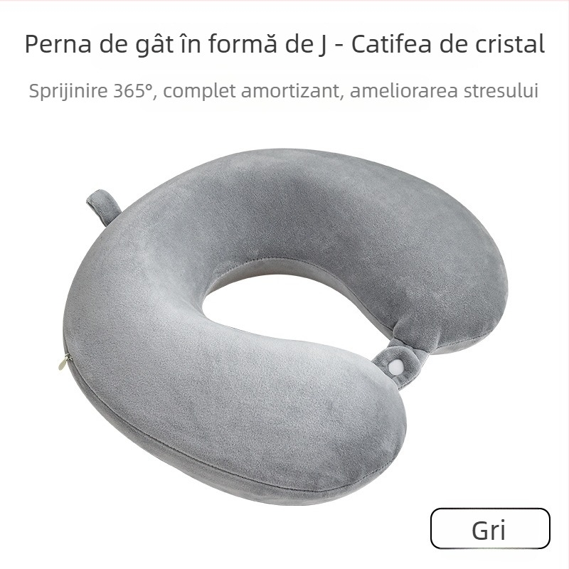 Pernă în formă de U din spumă cu memorie, husă pluș, detașabilă și lavabilă, pentru adulți