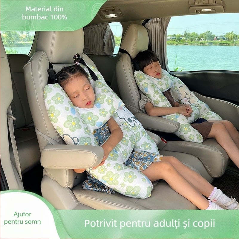 Perne de cap pentru mașină pentru copii – potrivire universală, husă din fibre naturale, umplutură din lână, stil desene animate, utilizare de vară