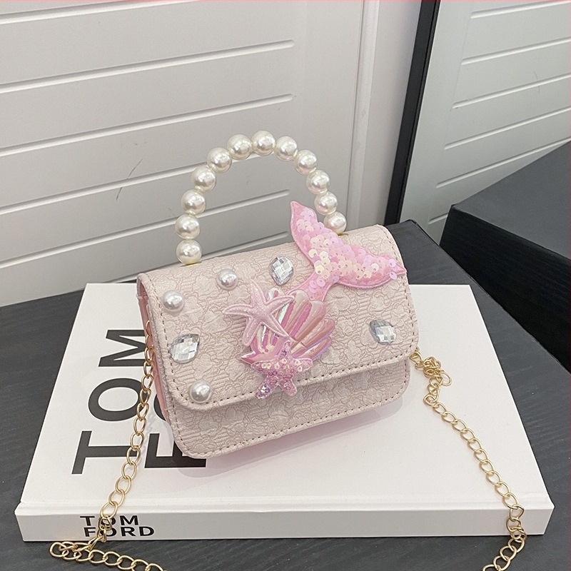 Geantă mică crossbody pentru copii cu perle, imprimeu Elsa, țesătură din lână, Vara 2024