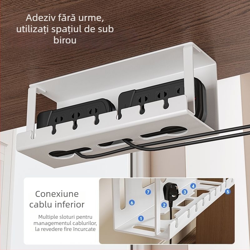 Gestionare cabluri sub birou, organizator pentru prize și cabluri, organizator cabluri pentru partea inferioară a biroului, instrument de gestionare a cablurilor, fără găuri