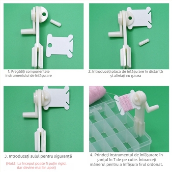 Set înfășurător pentru bobine, acționat manual, cu placă de înfășurare și cutie de depozitare pentru fire de broderie cross-stitch