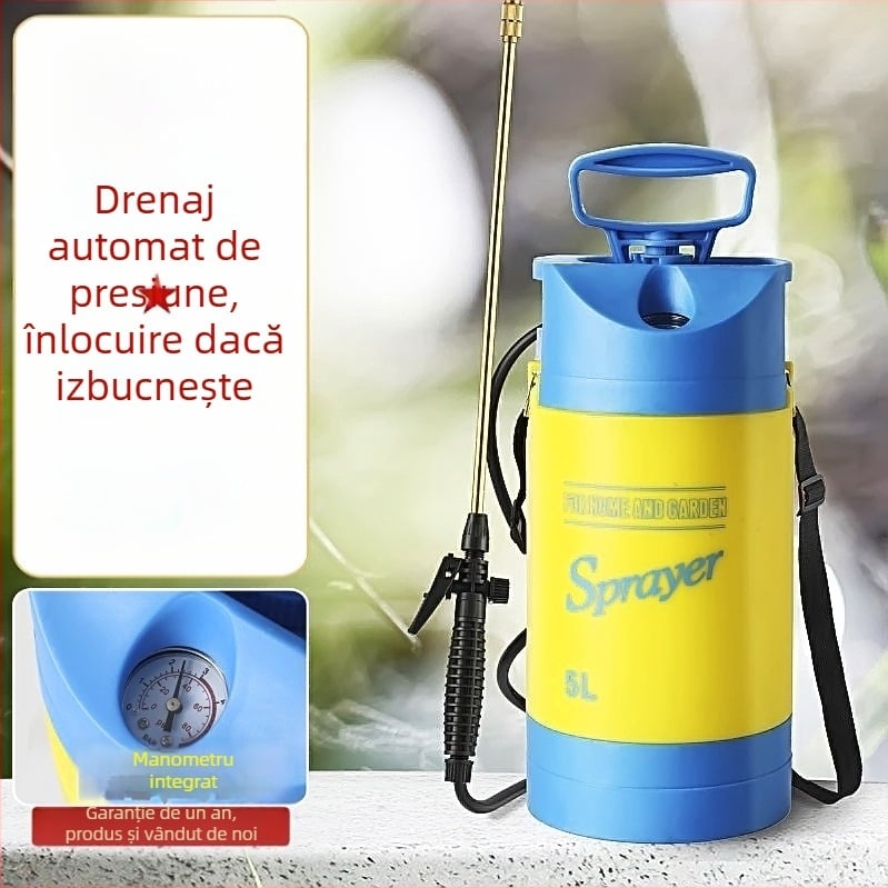 Cană de udare cu manometru și pulverizator cu suport la umăr, material PE/PP, pentru grădină și dezinfectare
