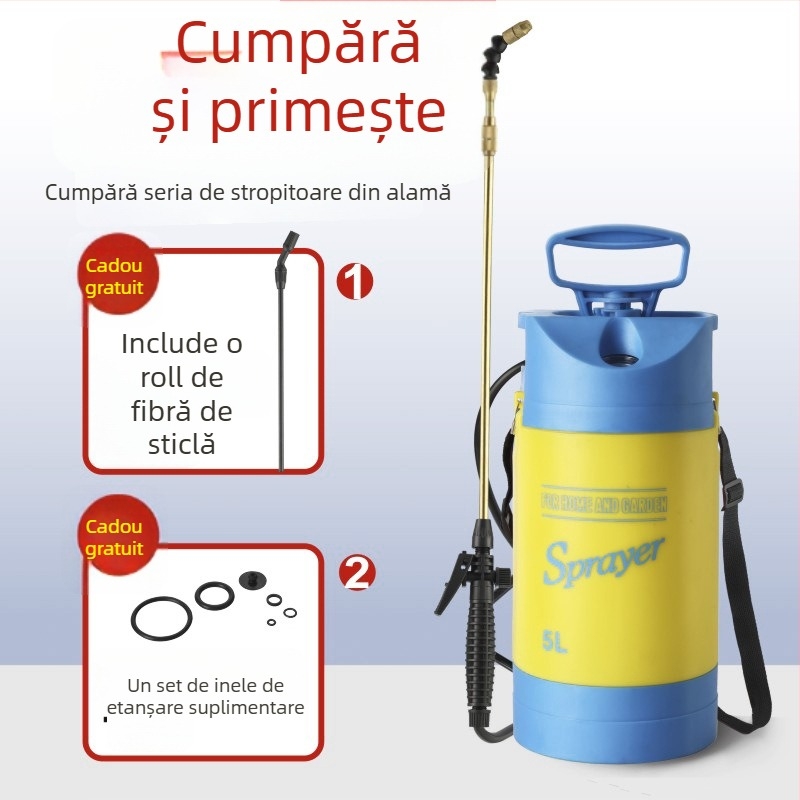 Cană de udare cu manometru și pulverizator cu suport la umăr, material PE/PP, pentru grădină și dezinfectare
