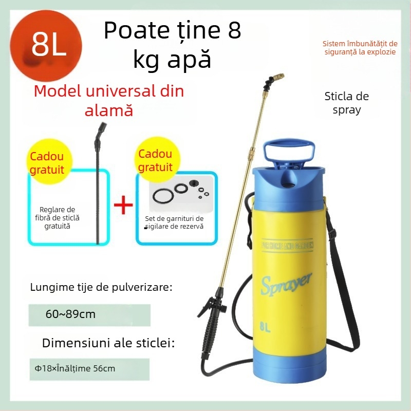 Cană de udare cu manometru și pulverizator cu suport la umăr, material PE/PP, pentru grădină și dezinfectare