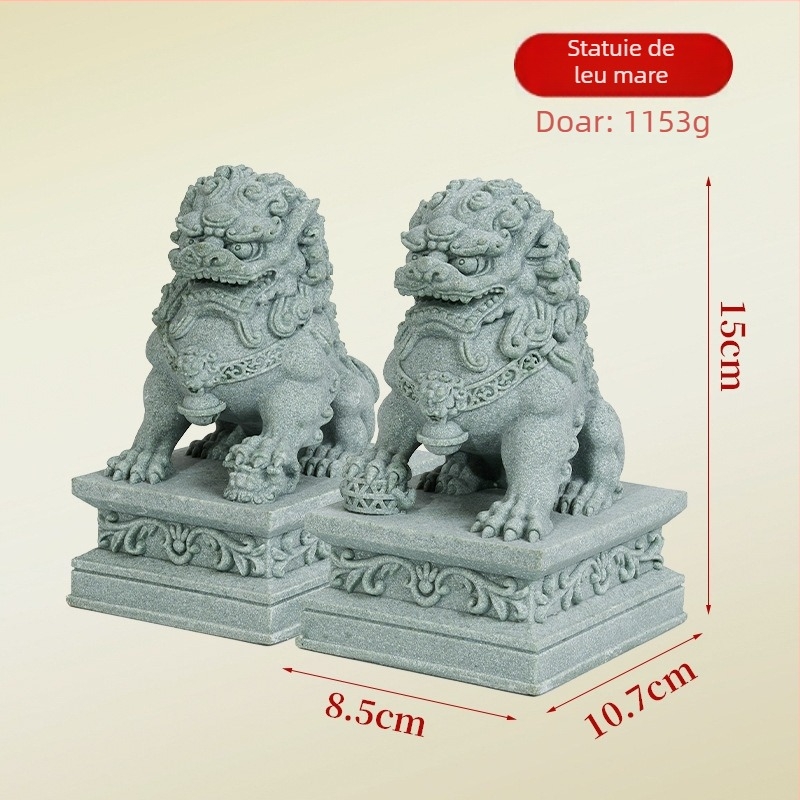 Cuplu de lei păzitori din piatră – ornament de birou pentru Tea Pet și acvariu, stil Chinez Nou