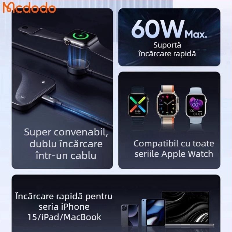 Cablu de încărcare wireless magnetic 2 în 1, 60W, cu conector Type-C, pentru ceasuri și telefoane/tablete