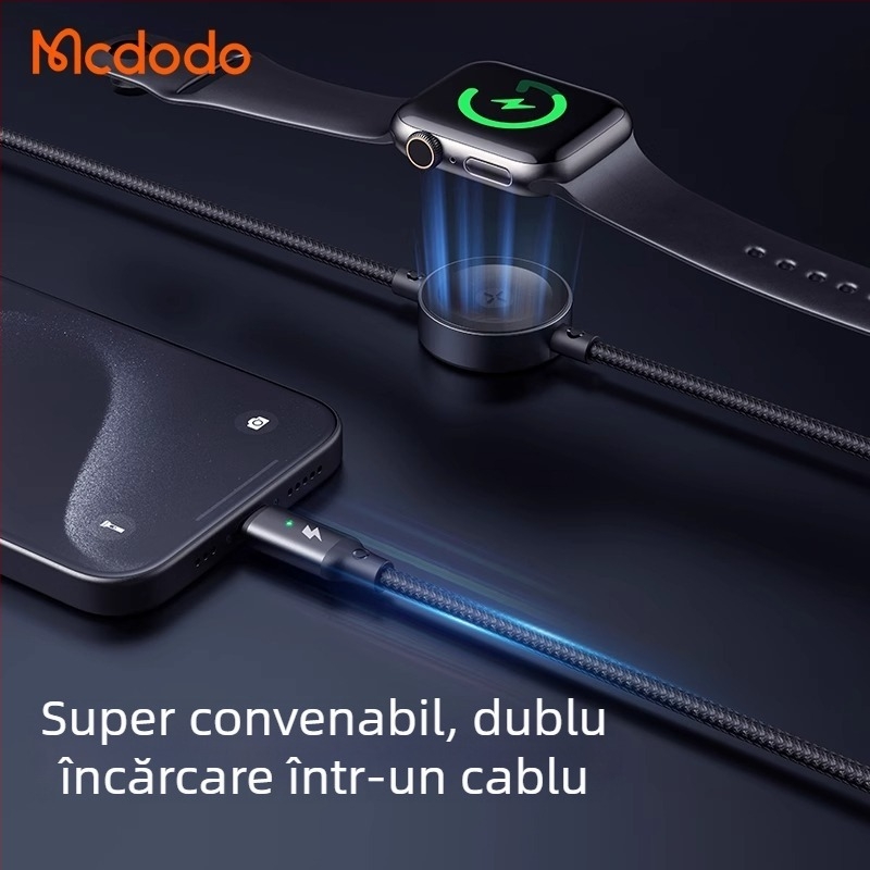 Cablu de încărcare wireless magnetic 2 în 1, 60W, cu conector Type-C, pentru ceasuri și telefoane/tablete