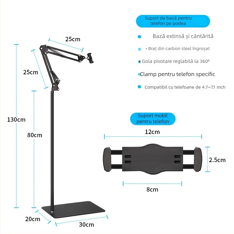 Suport podea pentru tabletă cu braț cantilever — metal, stil simplu, suport pentru telefon, pentru transmisiuni live și cursuri online