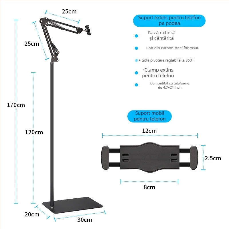 Suport podea pentru tabletă cu braț cantilever — metal, stil simplu, suport pentru telefon, pentru transmisiuni live și cursuri online