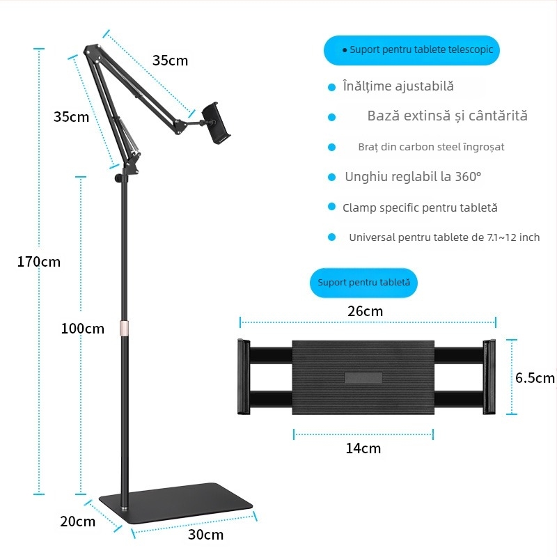 Suport podea pentru tabletă cu braț cantilever — metal, stil simplu, suport pentru telefon, pentru transmisiuni live și cursuri online