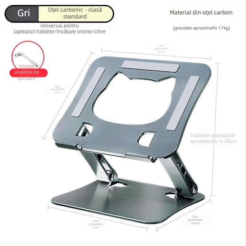 Suport suprapus pentru laptop din aliaj de aluminiu, pliabil, reglabil pe înălime, răcire cu două niveluri pentru laptop și tabletă