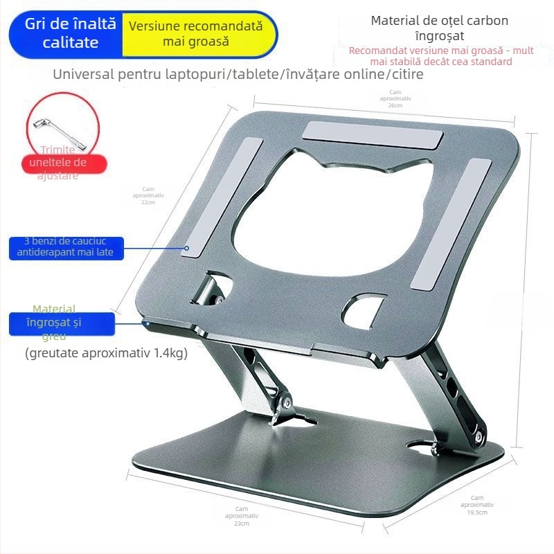 Suport suprapus pentru laptop din aliaj de aluminiu, pliabil, reglabil pe înălime, răcire cu două niveluri pentru laptop și tabletă