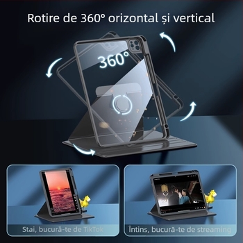 Carcasă de protecție pentru iPad – Rotating Pro, Transparentă, Rezistentă la căderi, Funcția Sleep/Wake este suportată; Material: piele sintetică + acrilic.