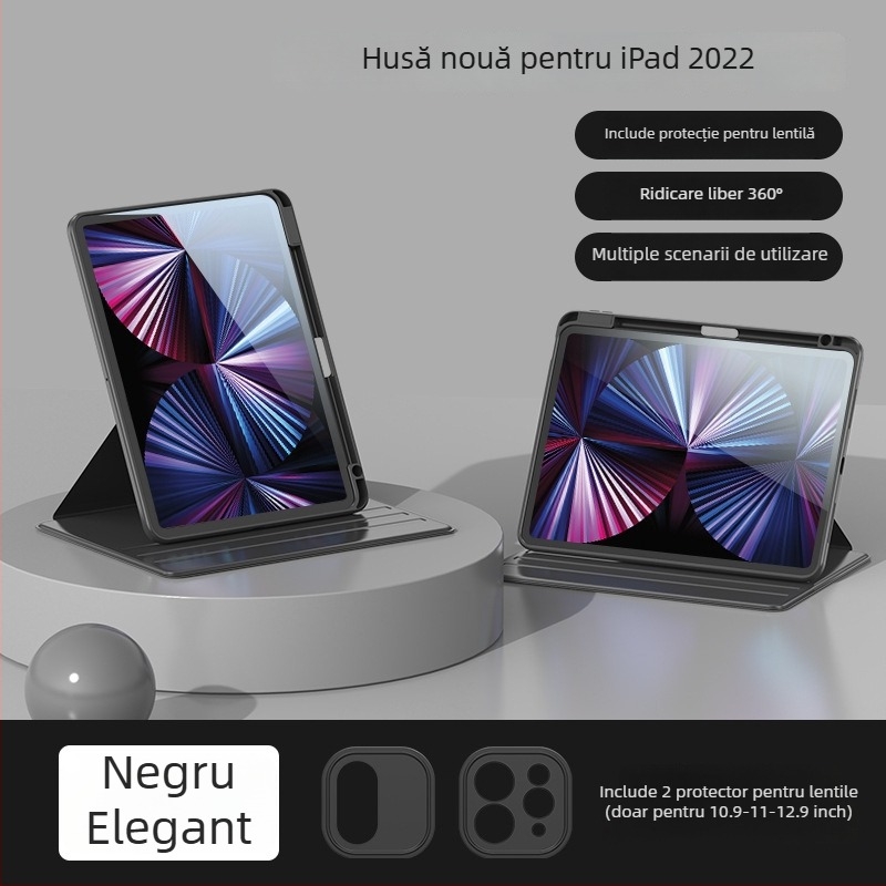 Carcasă de protecție pentru iPad – Rotating Pro, Transparentă, Rezistentă la căderi, Funcția Sleep/Wake este suportată; Material: piele sintetică + acrilic.