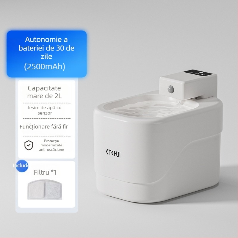 Distribuitor de apă pentru pisici cu senzor inteligent, flux silențios, filtrare, alimentare automată a apei pentru pisici și câini, fără fir