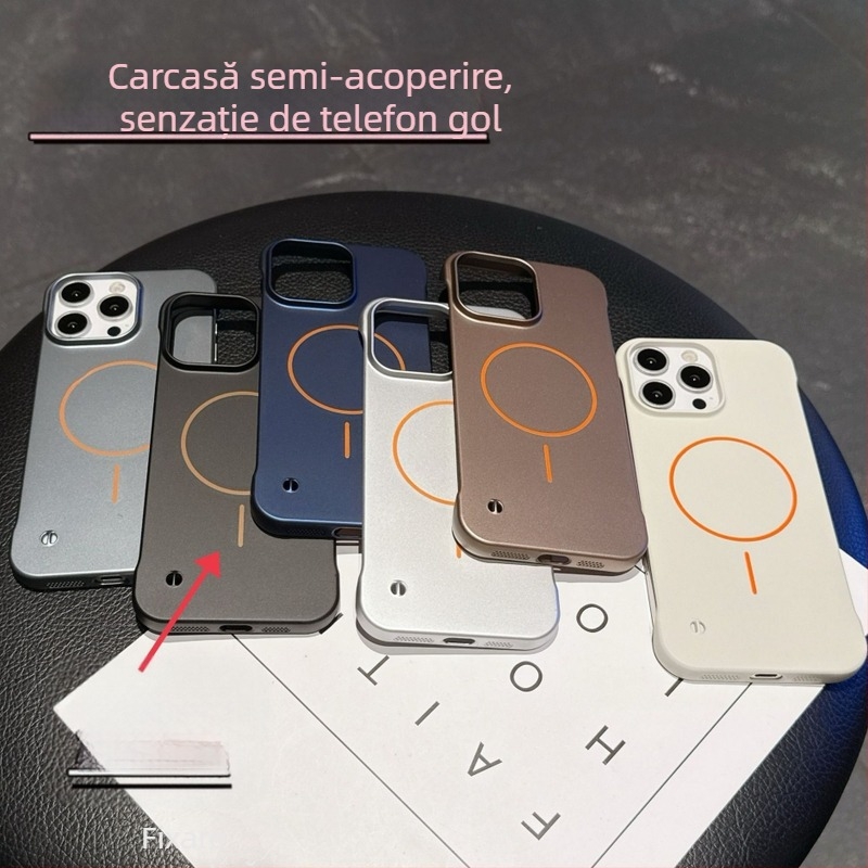 Husa pentru iPhone 11–17 Pro/Max, fără ramă, semi-acoperire minimalistă, fixare magnetică, finisaj vopsire cu pulverizare, material PC, protecție anti-cădere, suport pentru personalizare
