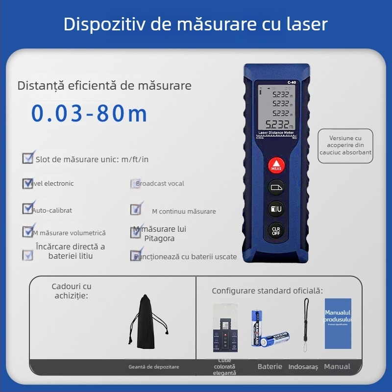 Distanțier cu laser portabil, înaltă precizie, măsurare infraroșu multifuncțională, măsurare precisă a încăperilor, riglă electronică