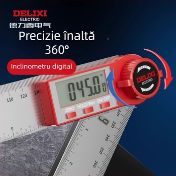 Delixi riglă electronică cu afișaj digital pentru tâmplărie, protractor unghiular, 90° și 360°
