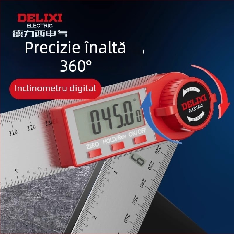 Delixi riglă electronică cu afișaj digital pentru tâmplărie, protractor unghiular, 90° și 360°