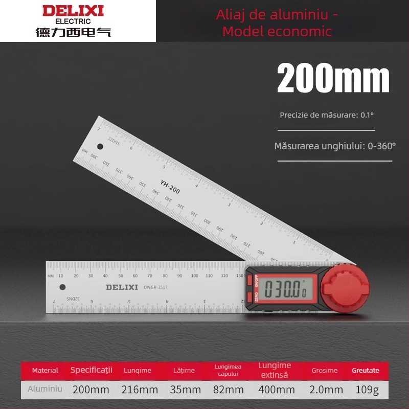 Delixi riglă electronică cu afișaj digital pentru tâmplărie, protractor unghiular, 90° și 360°