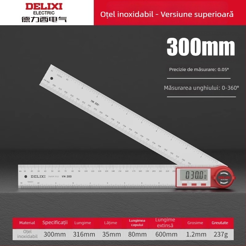 Delixi riglă electronică cu afișaj digital pentru tâmplărie, protractor unghiular, 90° și 360°