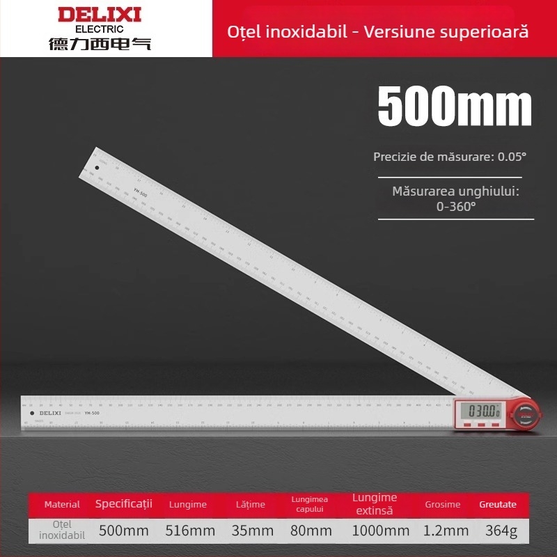 Delixi riglă electronică cu afișaj digital pentru tâmplărie, protractor unghiular, 90° și 360°