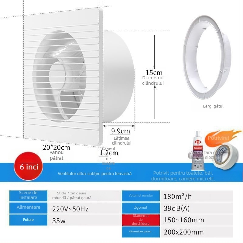 Ventilator de evacuare montat pe perete, cu 3 palete silențios, motor din cupru pur, telecomandă, pentru bucătărie și baie