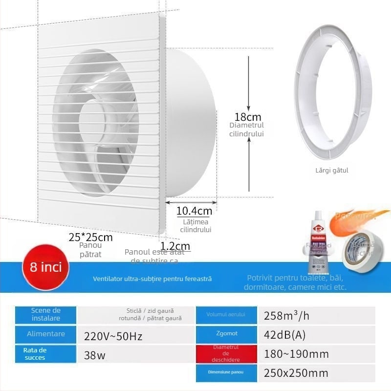 Ventilator de evacuare montat pe perete, cu 3 palete silențios, motor din cupru pur, telecomandă, pentru bucătărie și baie