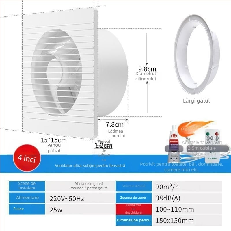 Ventilator de evacuare montat pe perete, cu 3 palete silențios, motor din cupru pur, telecomandă, pentru bucătărie și baie