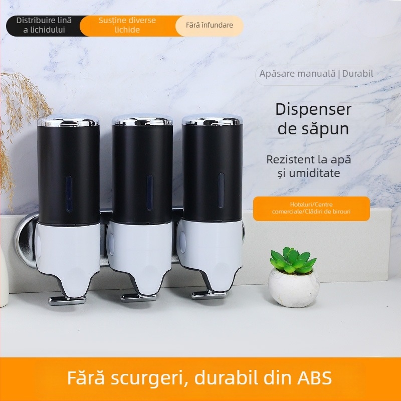 Dispenser de săpun ABS cu trei duze, montat pe perete, acționat prin apăsare, finisaj cromat spray, stil modern minimalist