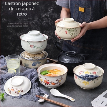 Vas de noodles din porțelan cu capac, formă rotundă, model floral, stil retro-lux, potrivit pentru cuptorul cu microunde