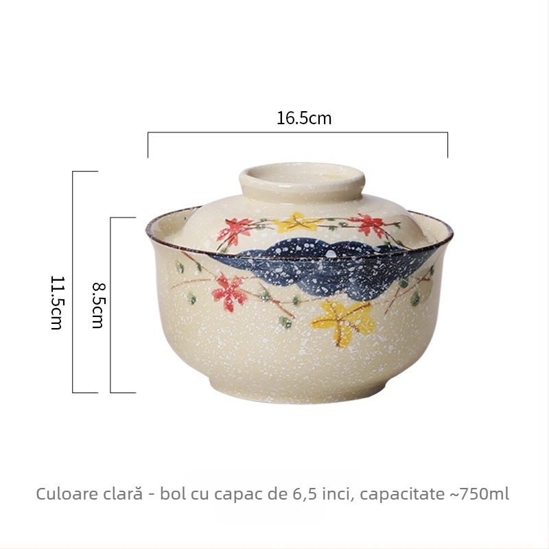 Vas de noodles din porțelan cu capac, formă rotundă, model floral, stil retro-lux, potrivit pentru cuptorul cu microunde