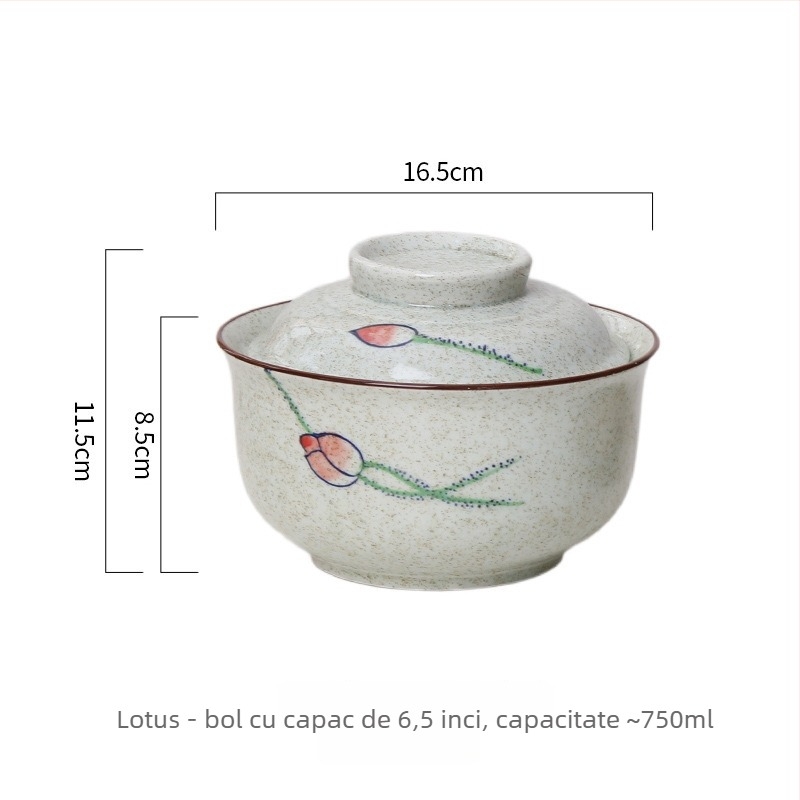 Vas de noodles din porțelan cu capac, formă rotundă, model floral, stil retro-lux, potrivit pentru cuptorul cu microunde